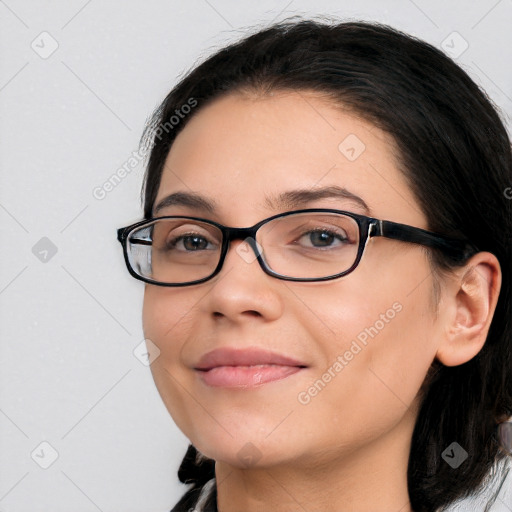 Joyful white young-adult female with medium  brown hair and brown eyes