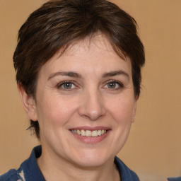 Joyful white adult female with medium  brown hair and brown eyes