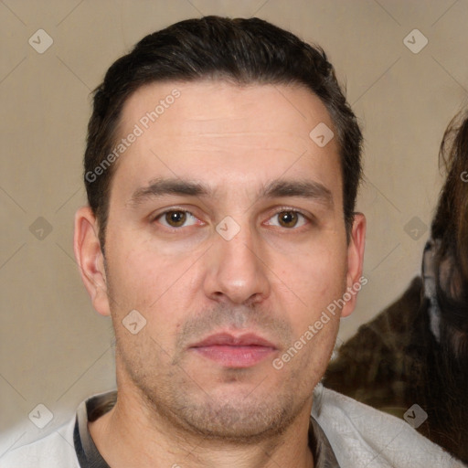 Neutral white adult male with short  brown hair and brown eyes