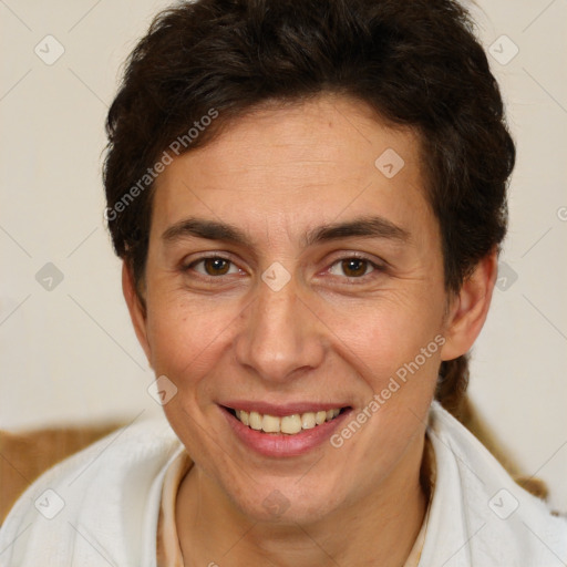 Joyful white adult female with short  brown hair and brown eyes