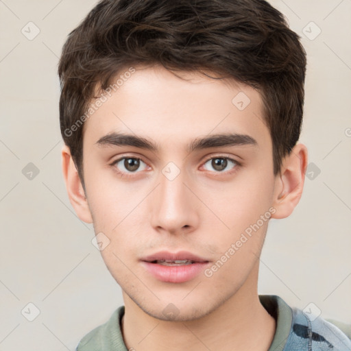 Neutral white young-adult male with short  brown hair and brown eyes