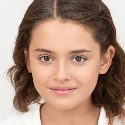 Joyful white child female with medium  brown hair and brown eyes