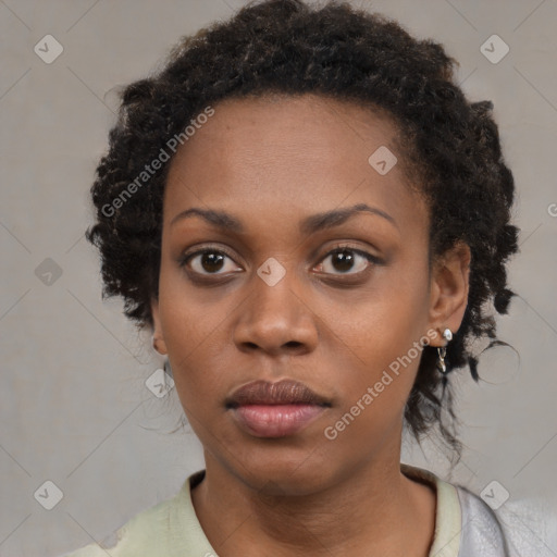 Neutral black young-adult female with short  black hair and brown eyes