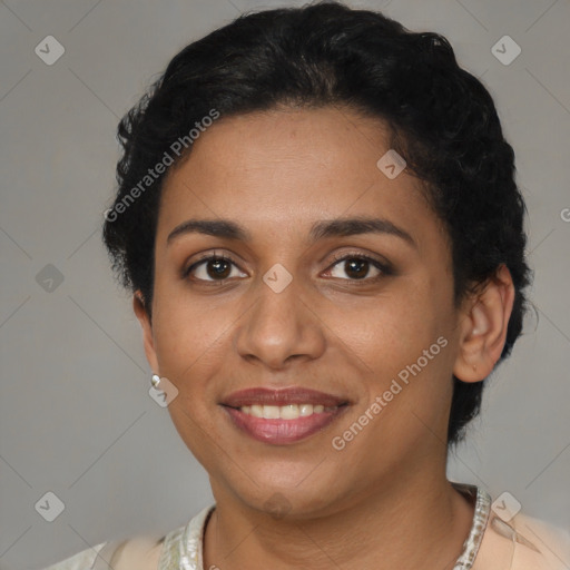 Joyful latino young-adult female with short  brown hair and brown eyes