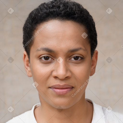 Joyful black young-adult female with short  black hair and brown eyes