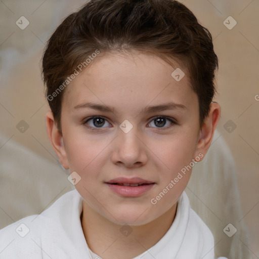 Joyful white child female with short  brown hair and brown eyes