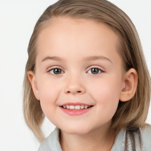 Joyful white child female with medium  brown hair and brown eyes