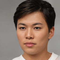 Neutral asian young-adult male with short  brown hair and brown eyes