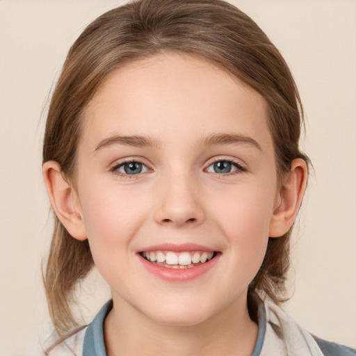 Joyful white child female with medium  brown hair and blue eyes