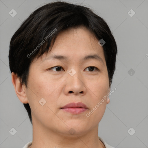 Neutral asian adult female with short  brown hair and brown eyes