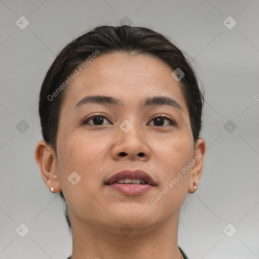 Joyful white young-adult female with medium  brown hair and brown eyes