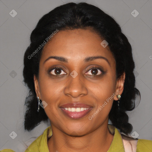 Joyful black young-adult female with medium  black hair and brown eyes