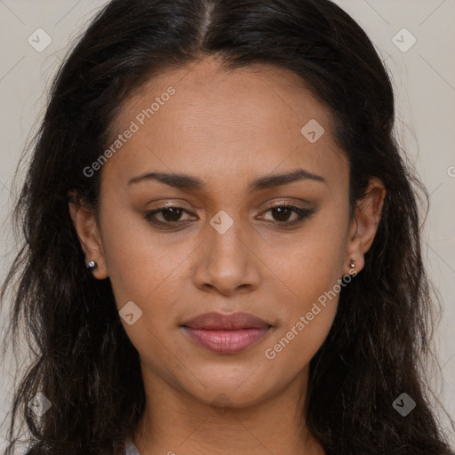 Joyful latino young-adult female with long  brown hair and brown eyes