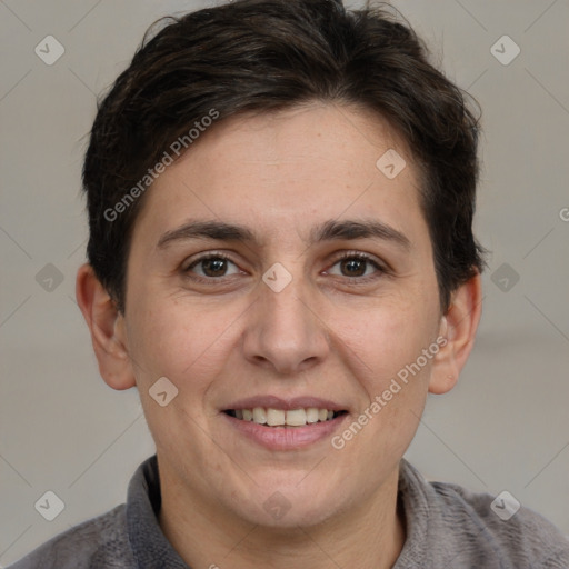 Joyful white adult female with short  brown hair and brown eyes