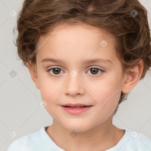 Joyful white child female with short  brown hair and brown eyes