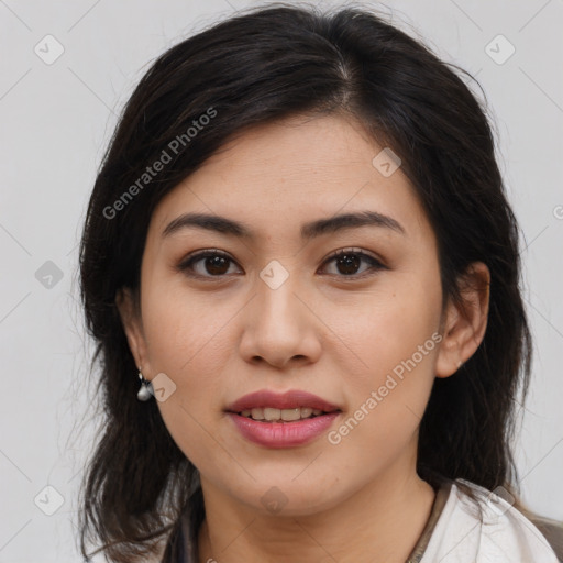 Joyful white young-adult female with medium  brown hair and brown eyes