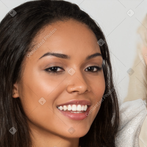 Joyful latino young-adult female with long  brown hair and brown eyes