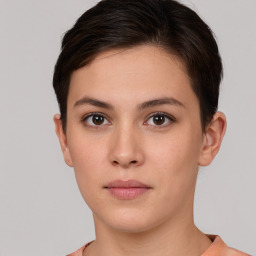 Neutral white young-adult female with short  brown hair and brown eyes