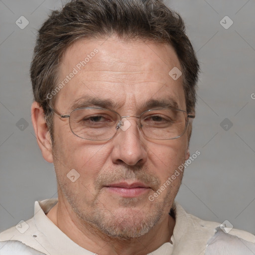 Neutral white middle-aged male with short  brown hair and grey eyes