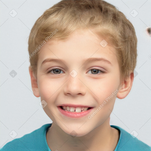 Joyful white child male with short  brown hair and brown eyes