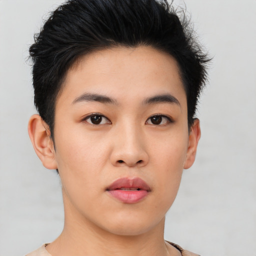 Neutral asian young-adult female with short  brown hair and brown eyes