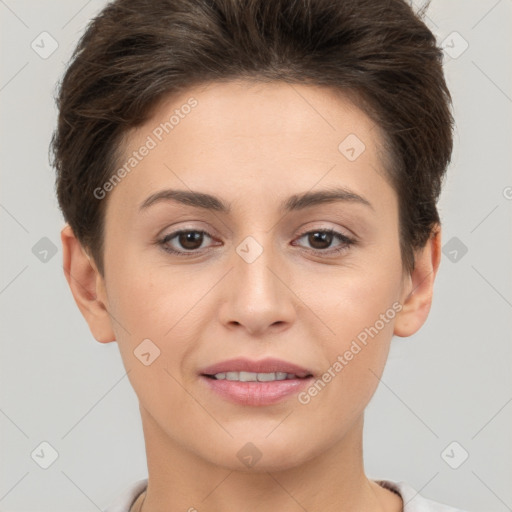 Joyful white young-adult female with short  brown hair and brown eyes