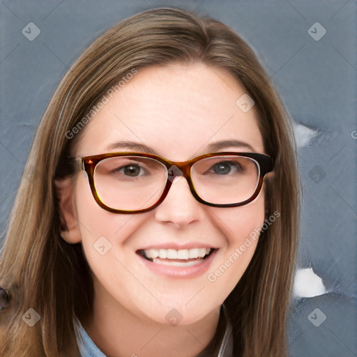 Joyful white young-adult female with long  brown hair and blue eyes