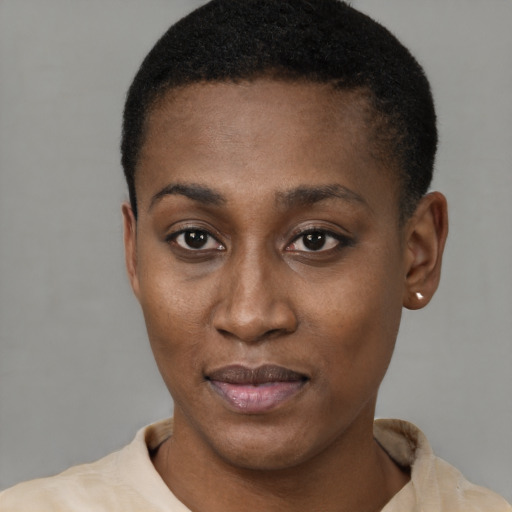 Joyful latino young-adult female with short  black hair and brown eyes