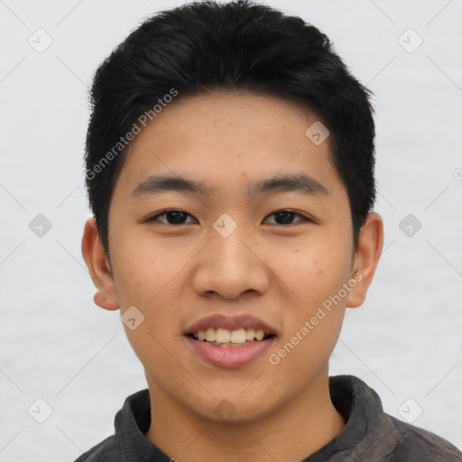 Joyful asian young-adult male with short  black hair and brown eyes