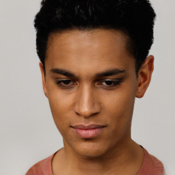 Neutral latino young-adult male with short  black hair and brown eyes