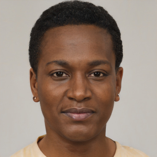 Joyful black young-adult female with short  black hair and brown eyes