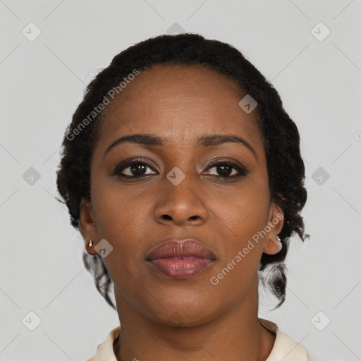 Neutral black young-adult female with short  black hair and brown eyes