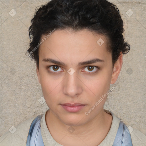 Neutral white young-adult female with short  brown hair and brown eyes