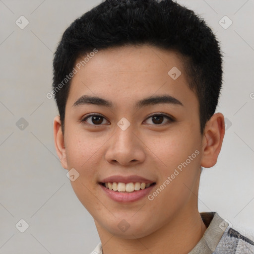 Joyful latino young-adult female with short  brown hair and brown eyes