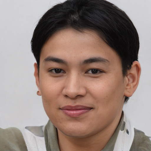 Joyful asian young-adult female with short  brown hair and brown eyes