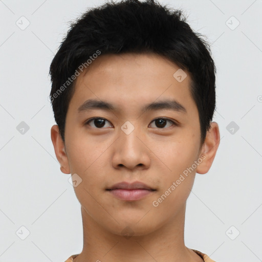 Neutral asian young-adult male with short  black hair and brown eyes