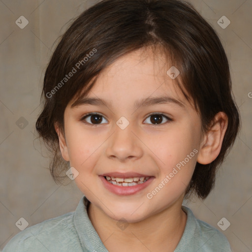 Joyful white child female with medium  brown hair and brown eyes