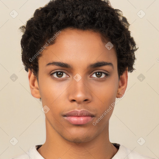 Neutral latino young-adult female with short  brown hair and brown eyes