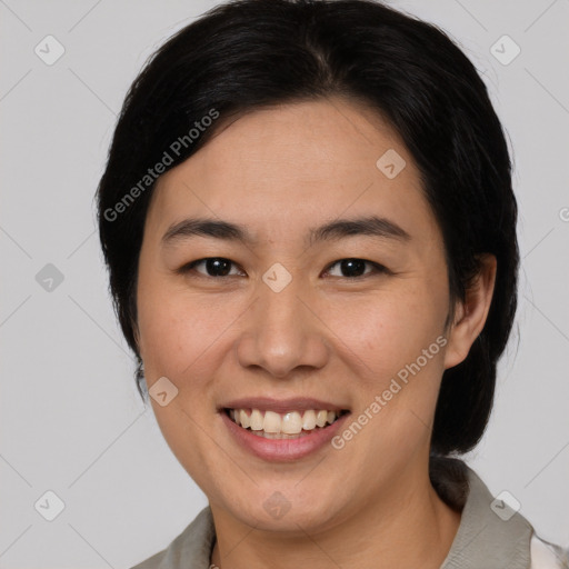 Joyful white young-adult female with medium  brown hair and brown eyes