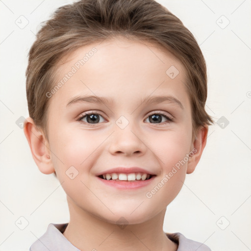 Joyful white child female with short  brown hair and brown eyes