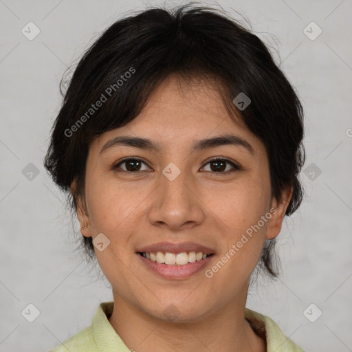 Joyful asian young-adult female with short  brown hair and brown eyes