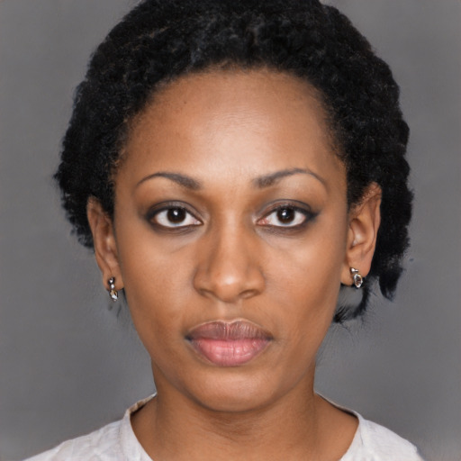 Neutral black young-adult female with short  black hair and brown eyes