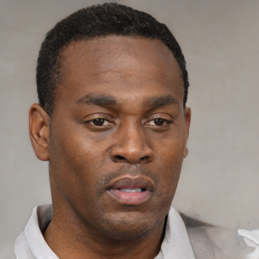 Neutral black young-adult male with short  black hair and brown eyes