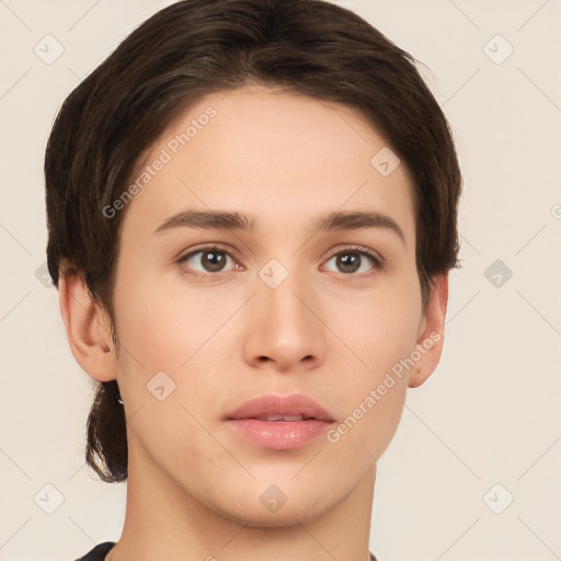 Neutral white young-adult female with short  brown hair and brown eyes