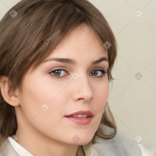 Neutral white young-adult female with medium  brown hair and brown eyes