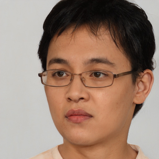 Neutral asian young-adult male with short  brown hair and brown eyes