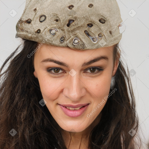 Joyful white adult female with long  brown hair and brown eyes