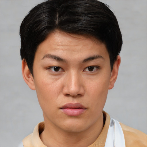 Neutral asian young-adult female with short  brown hair and brown eyes