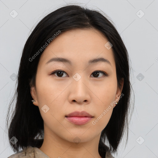 Neutral asian young-adult female with medium  black hair and brown eyes