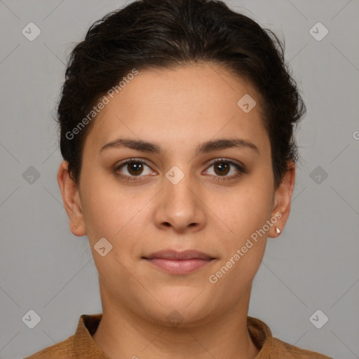 Joyful white young-adult female with short  brown hair and brown eyes